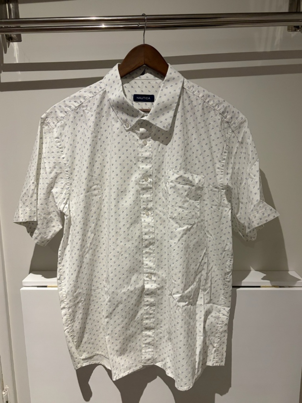 Nautica White Blue Print Short Sleeve Button-Up Shirt XXL